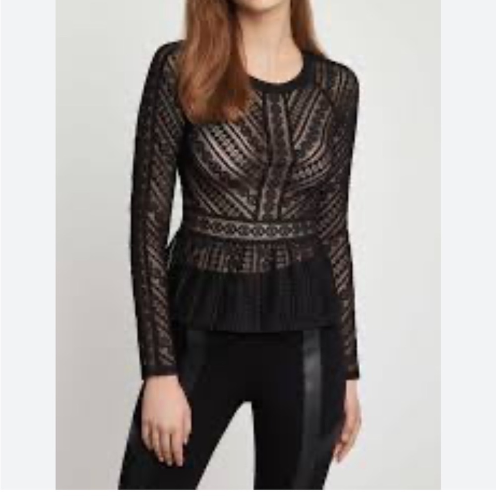 BCBGMAXAZRIA Women's Long Sleeve Lace Peplum Top, Black, XS